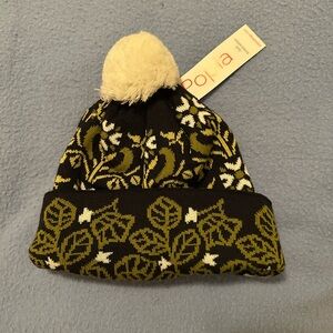 Popia Black and Green Knit Beanie with white pompom